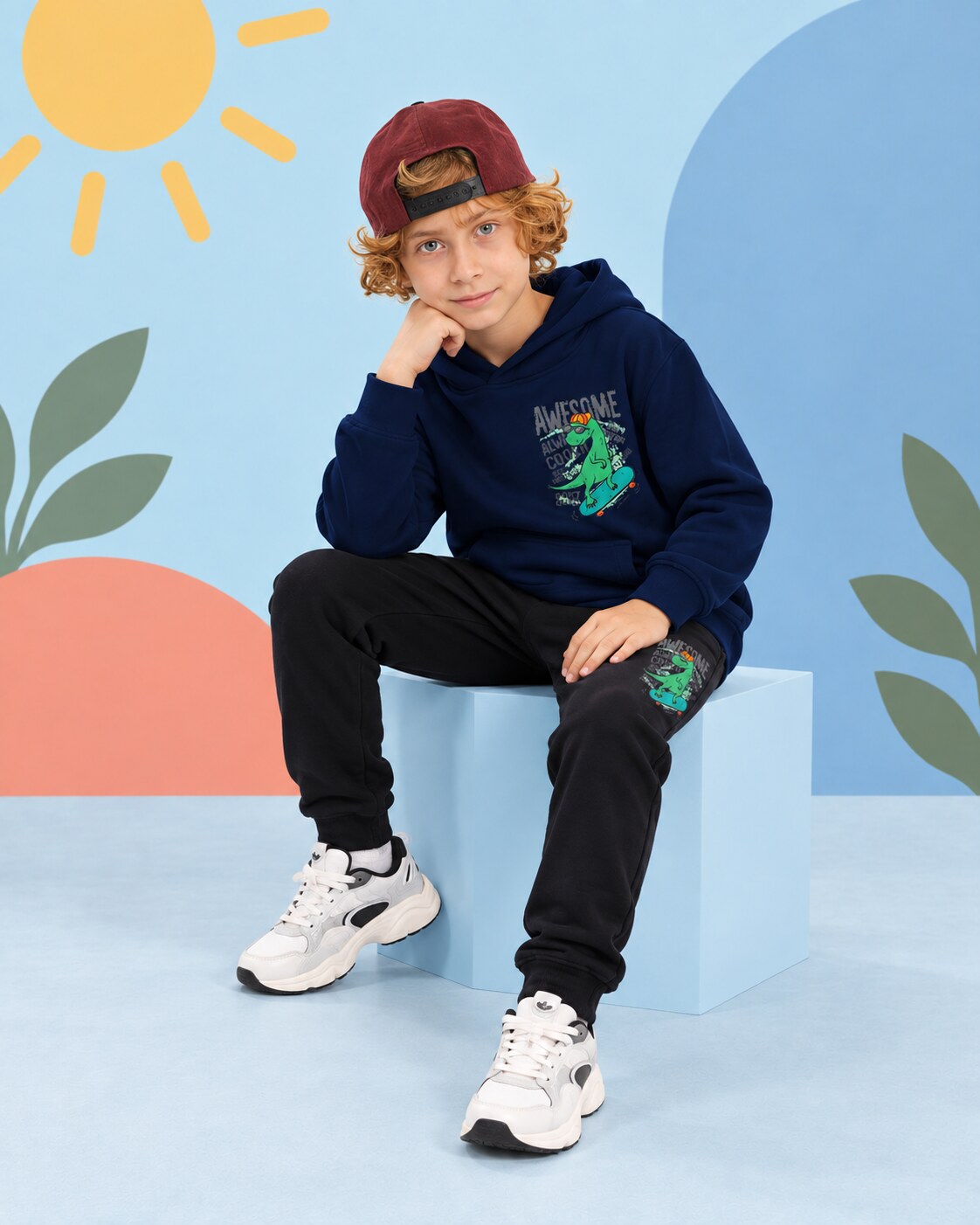 Kids Winter Hoodie Set | Awesome Dino Printed - seated