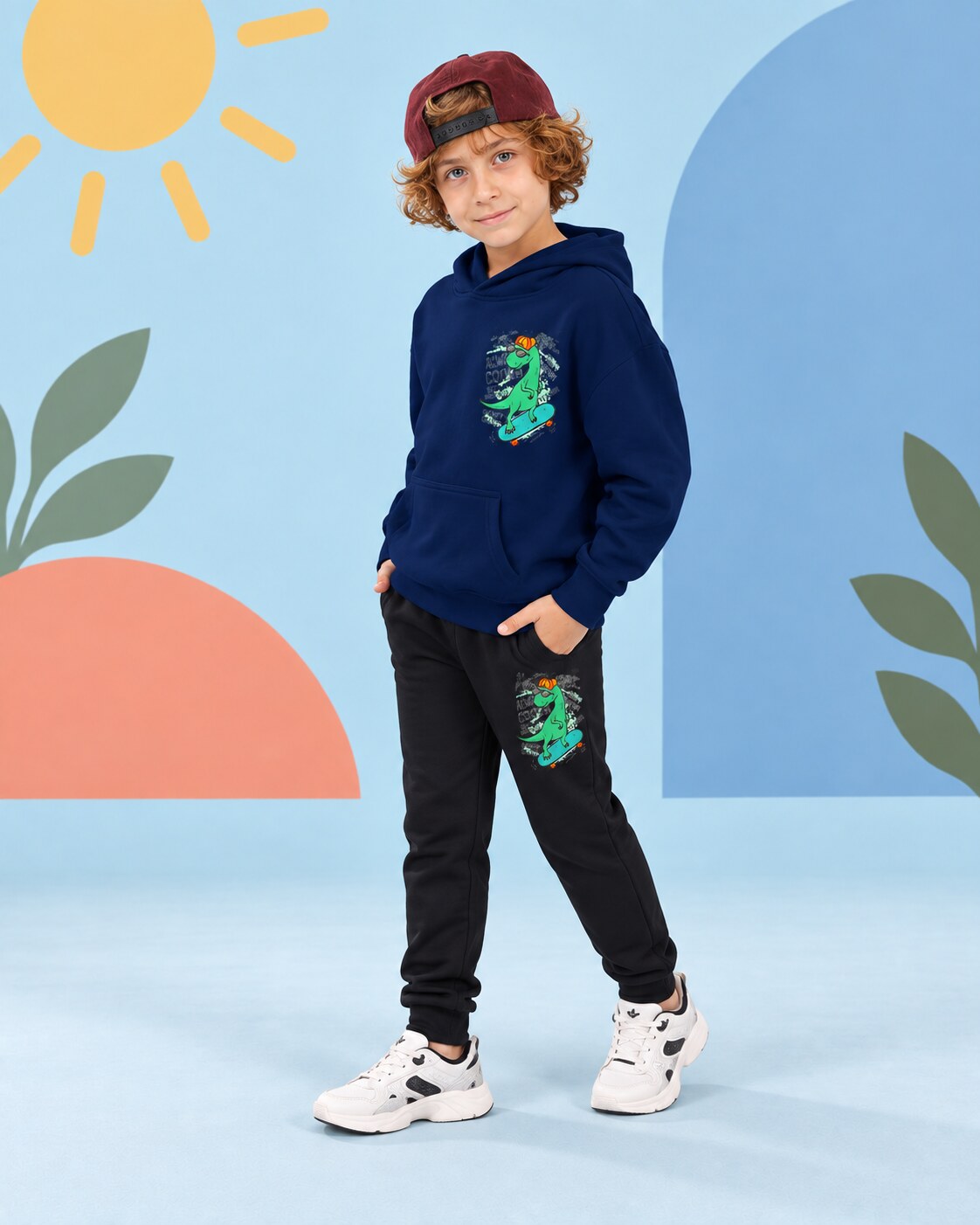 Kids Winter Hoodie Set | Awesome Dino Printed - side angle
