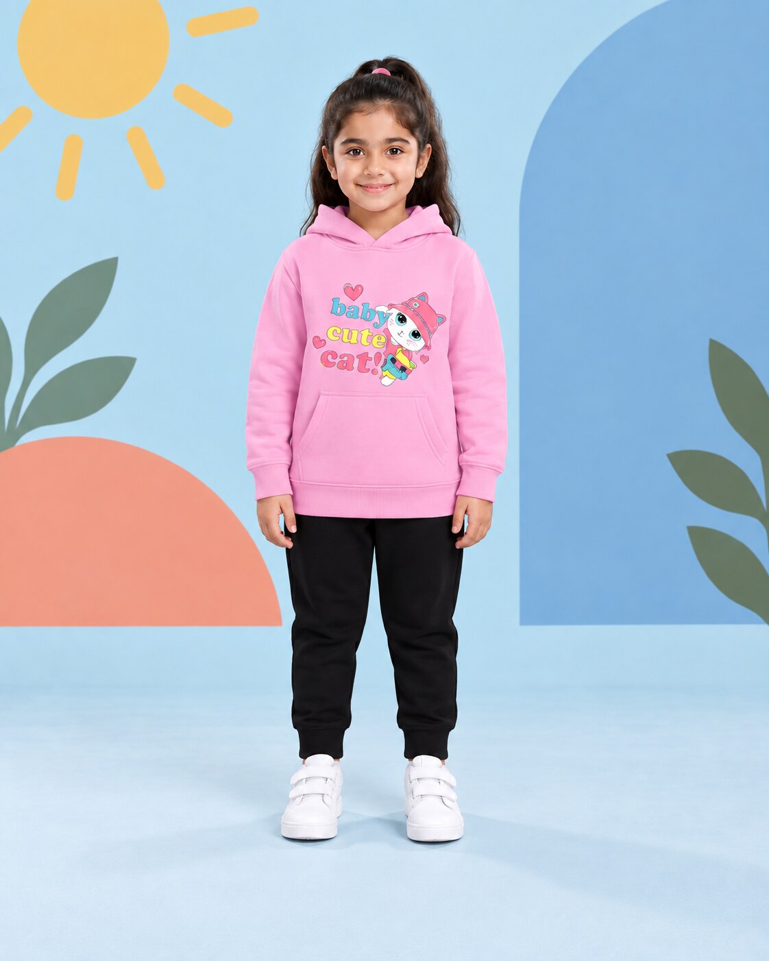 Kids Winter Hoodie Set | Baby Cute Cat Printed - front standing