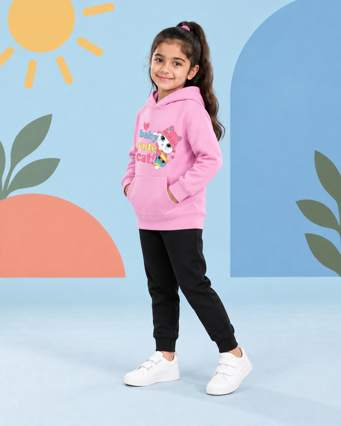 Kids Winter Hoodie Set | Baby Cute Cat Printed - seated