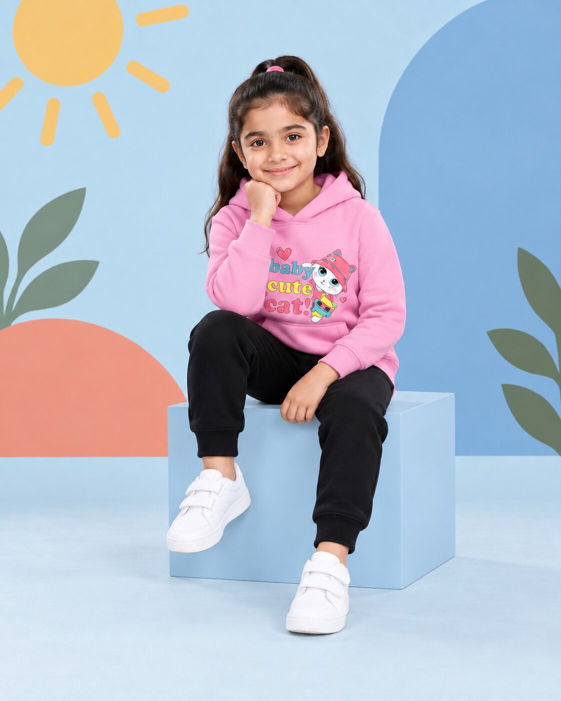 Kids Winter Hoodie Set | Baby Cute Cat Printed - side angle