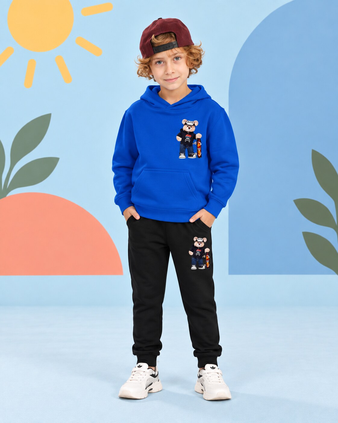 Kids Winter Hoodie Set | Bear Skateboard Printed - front standing
