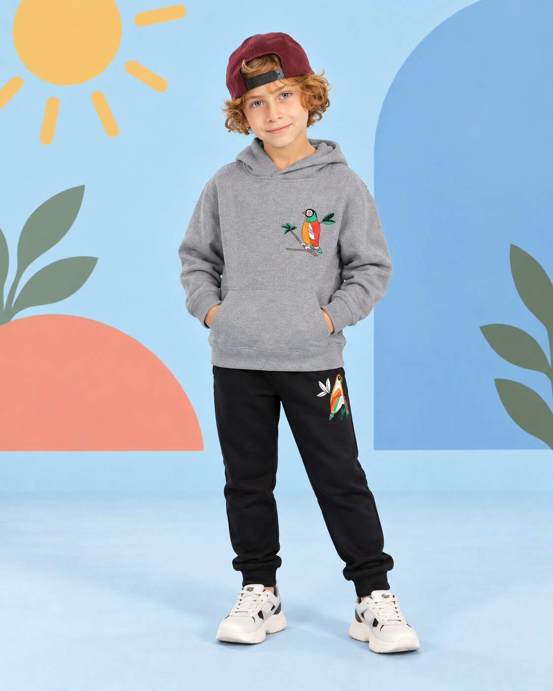 Kids Winter Hoodie Set | Bear Skateboard Printed - seated