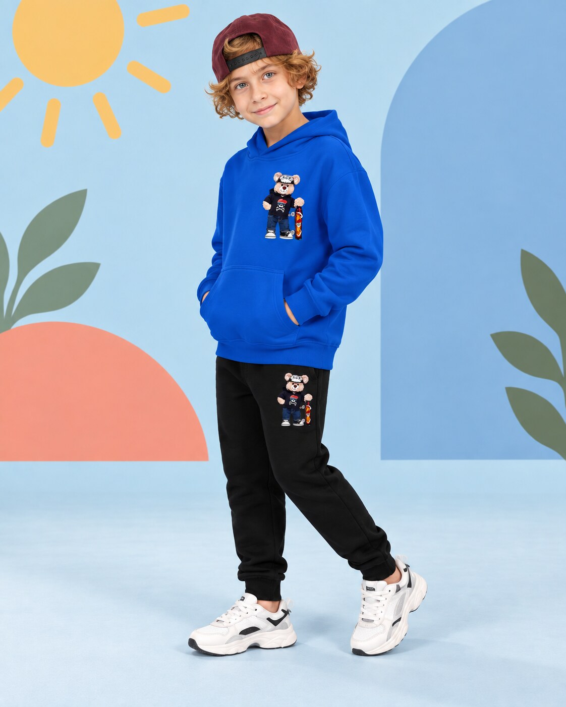 Kids Winter Hoodie Set | Bear Skateboard Printed - side angle