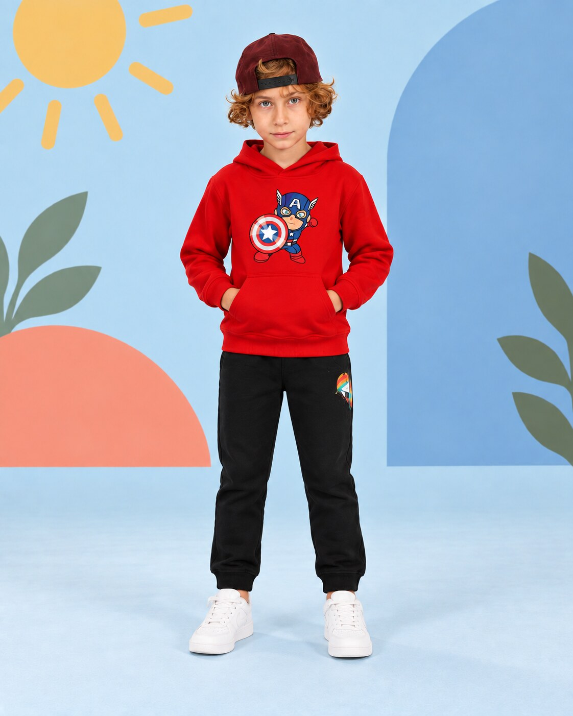 Kids Winter Hoodie Set | Captain America Printed - front standing