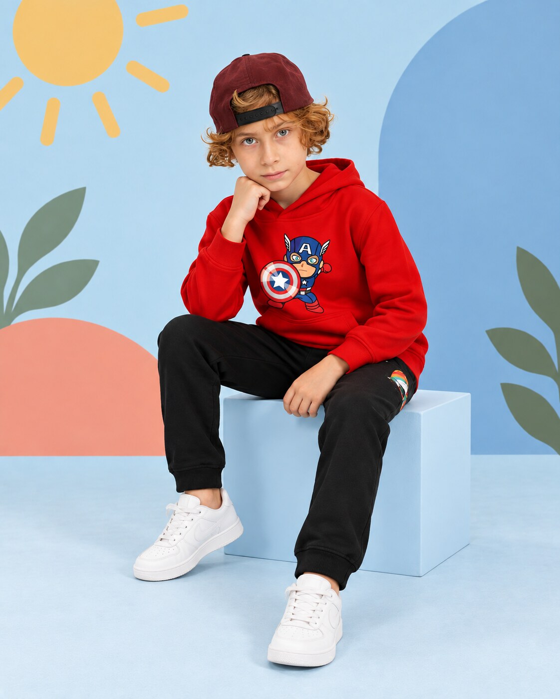 Kids Winter Hoodie Set | Captain America Printed - seated