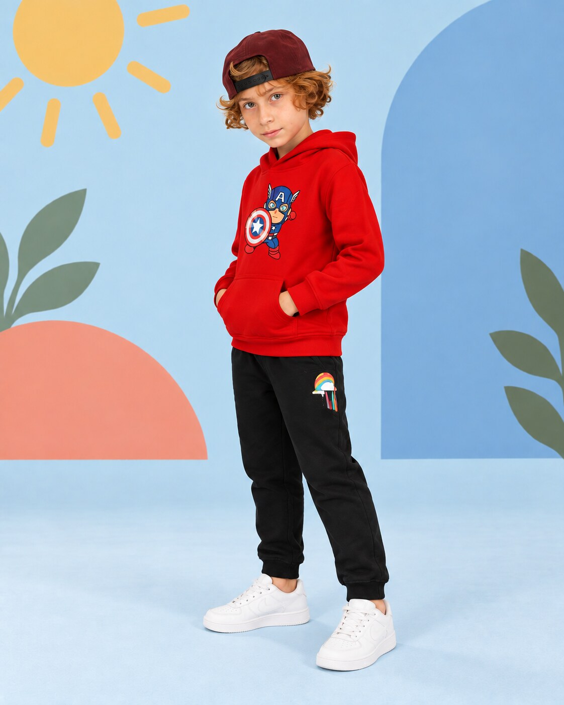 Kids Winter Hoodie Set | Captain America Printed - side angle
