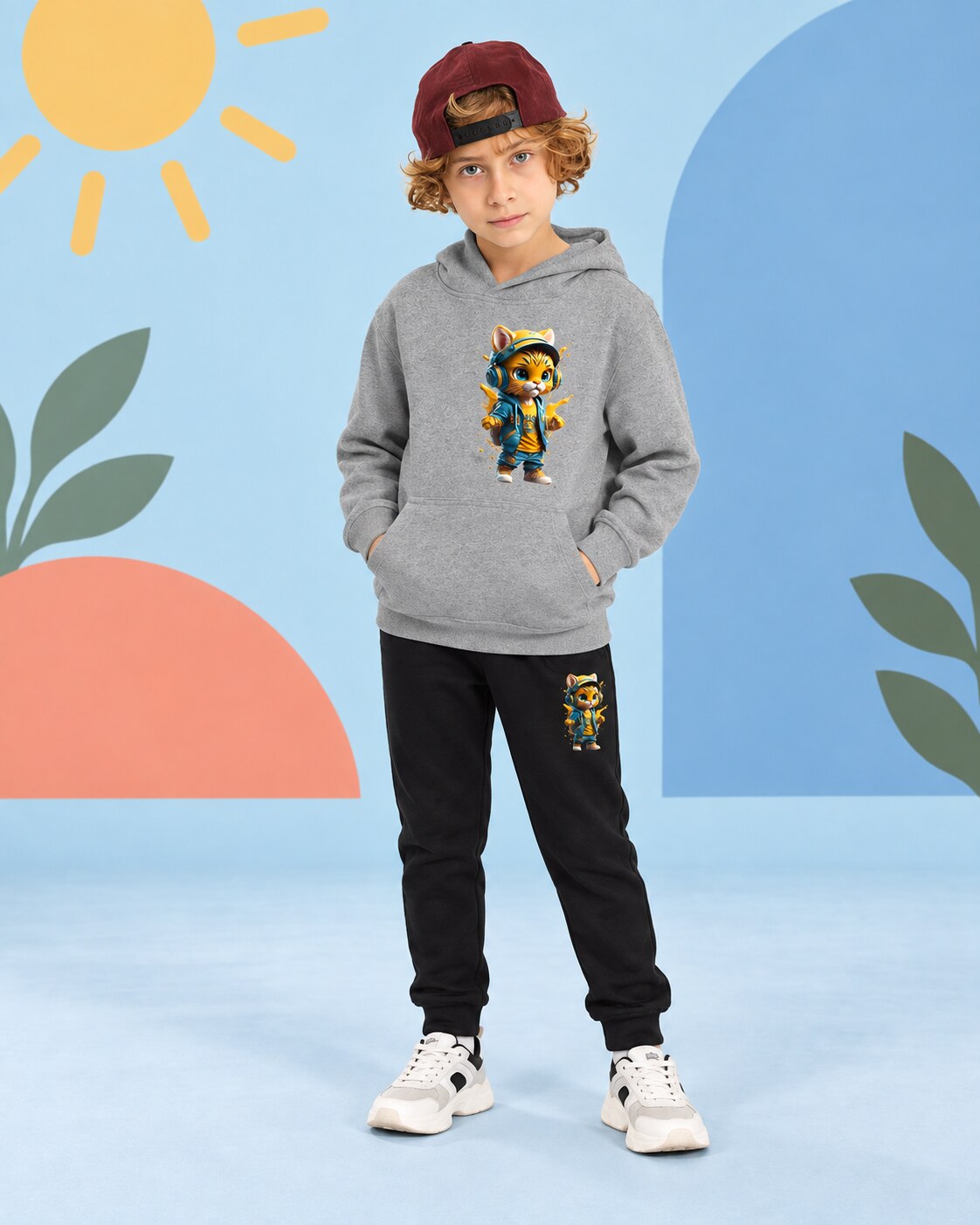 Kids Winter Hoodie Set | Cool Cat Printed - front standing