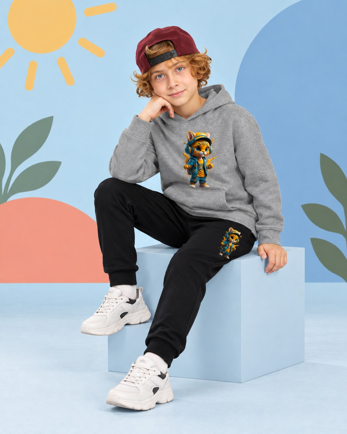 Kids Winter Hoodie Set | Cool Cat Printed - seated