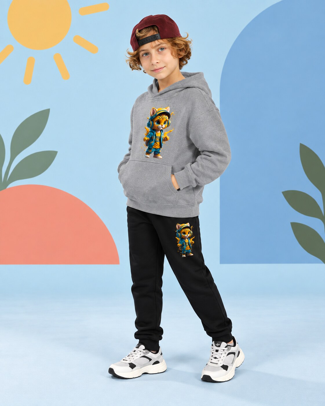 Kids Winter Hoodie Set | Cool Cat Printed - side angle