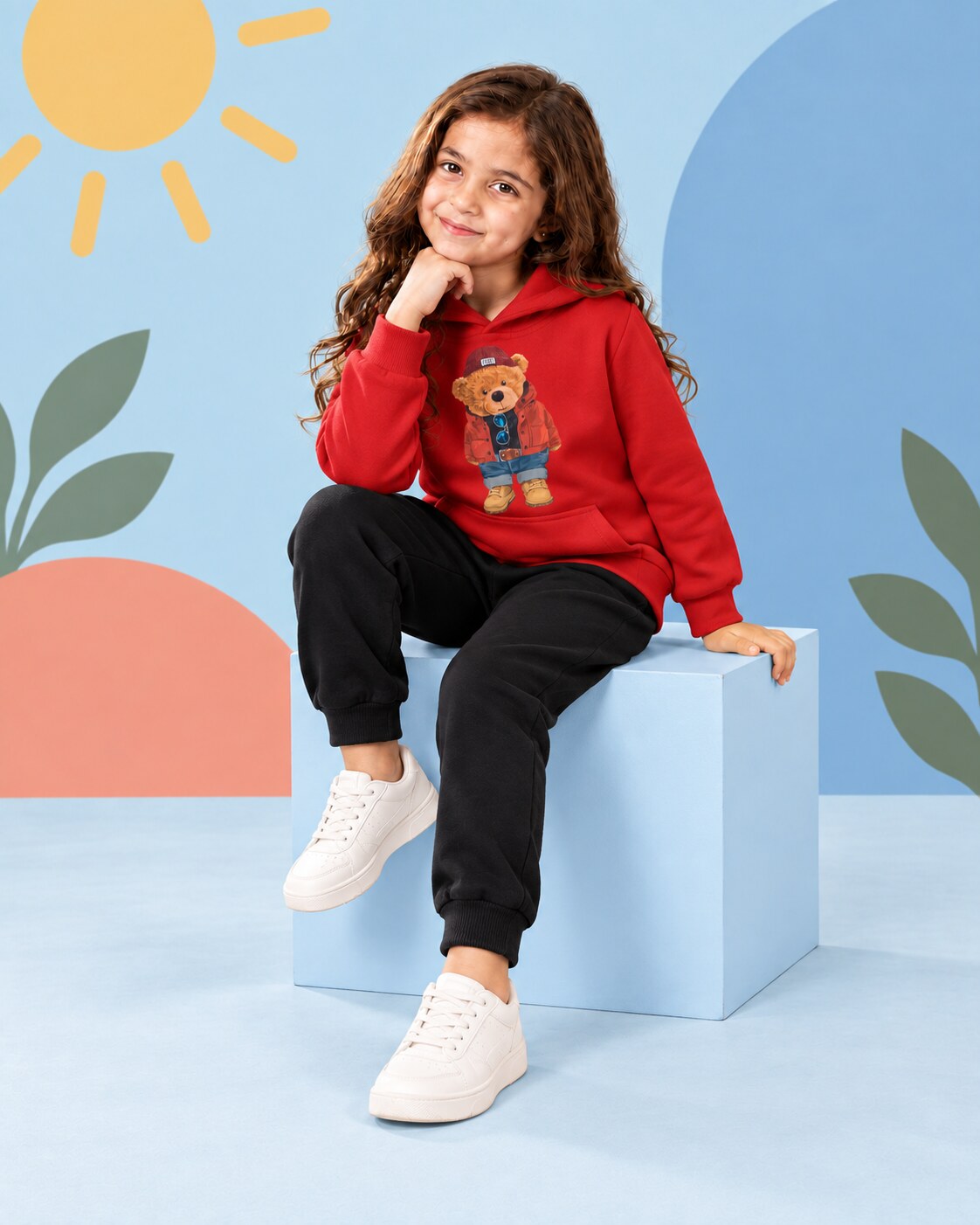 Kids Winter Hoodie Set | Cute Bear Printed - seated