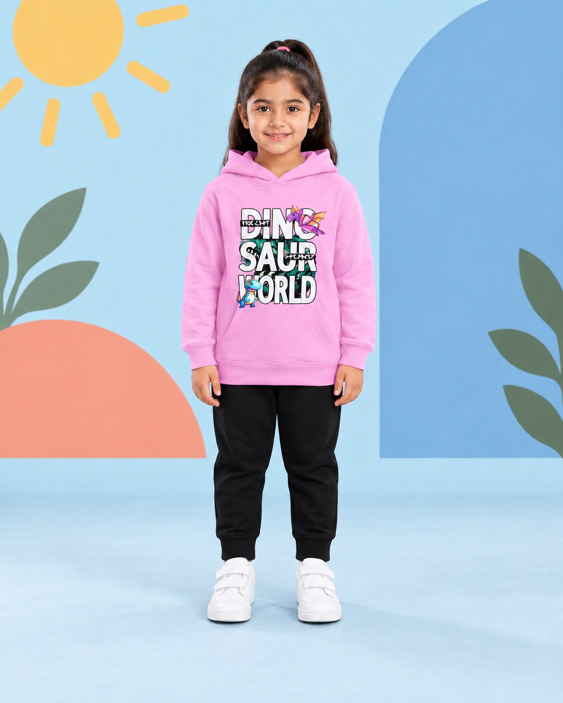 Kids Winter Hoodie Set | Dinosaur World Printed - front standing