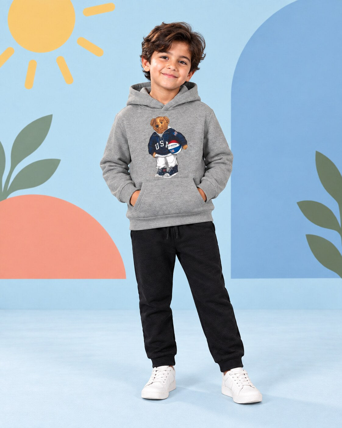 Kids Winter Hoodie Set | Football Bear Printed - front standing
