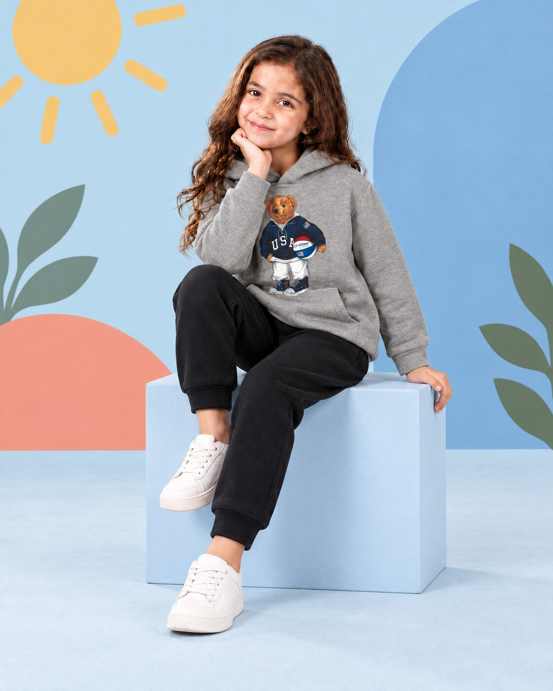 Kids Winter Hoodie Set | Football Bear Printed - seated