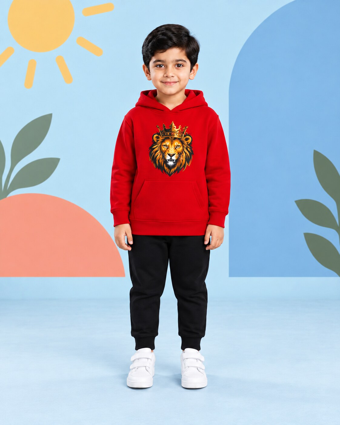 Kids Winter Hoodie Set | Golden Lion Printed - seated