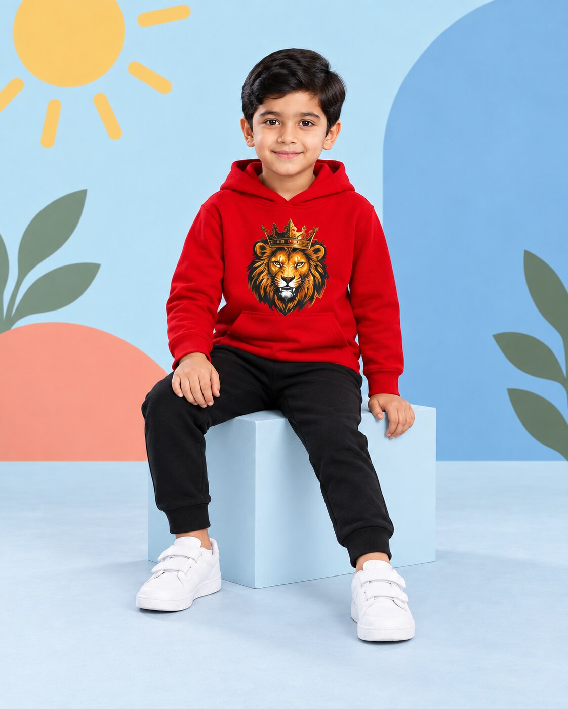 Kids Winter Hoodie Set | Golden Lion Printed - side angle