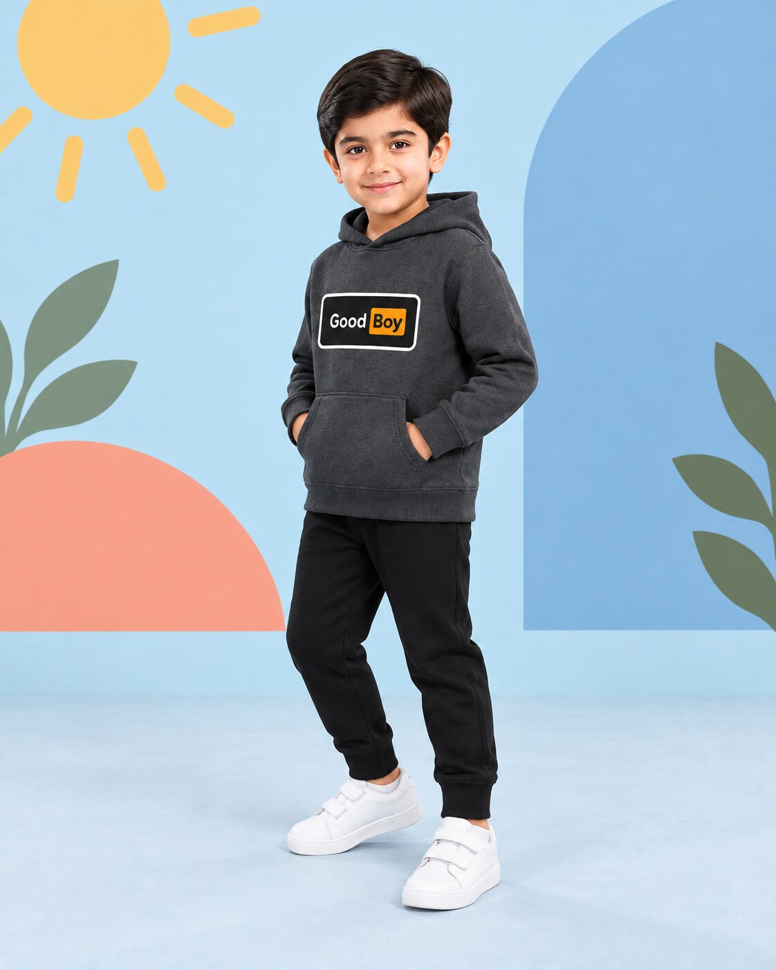Kids Winter Hoodie Set | Good Boy Printed - side angle