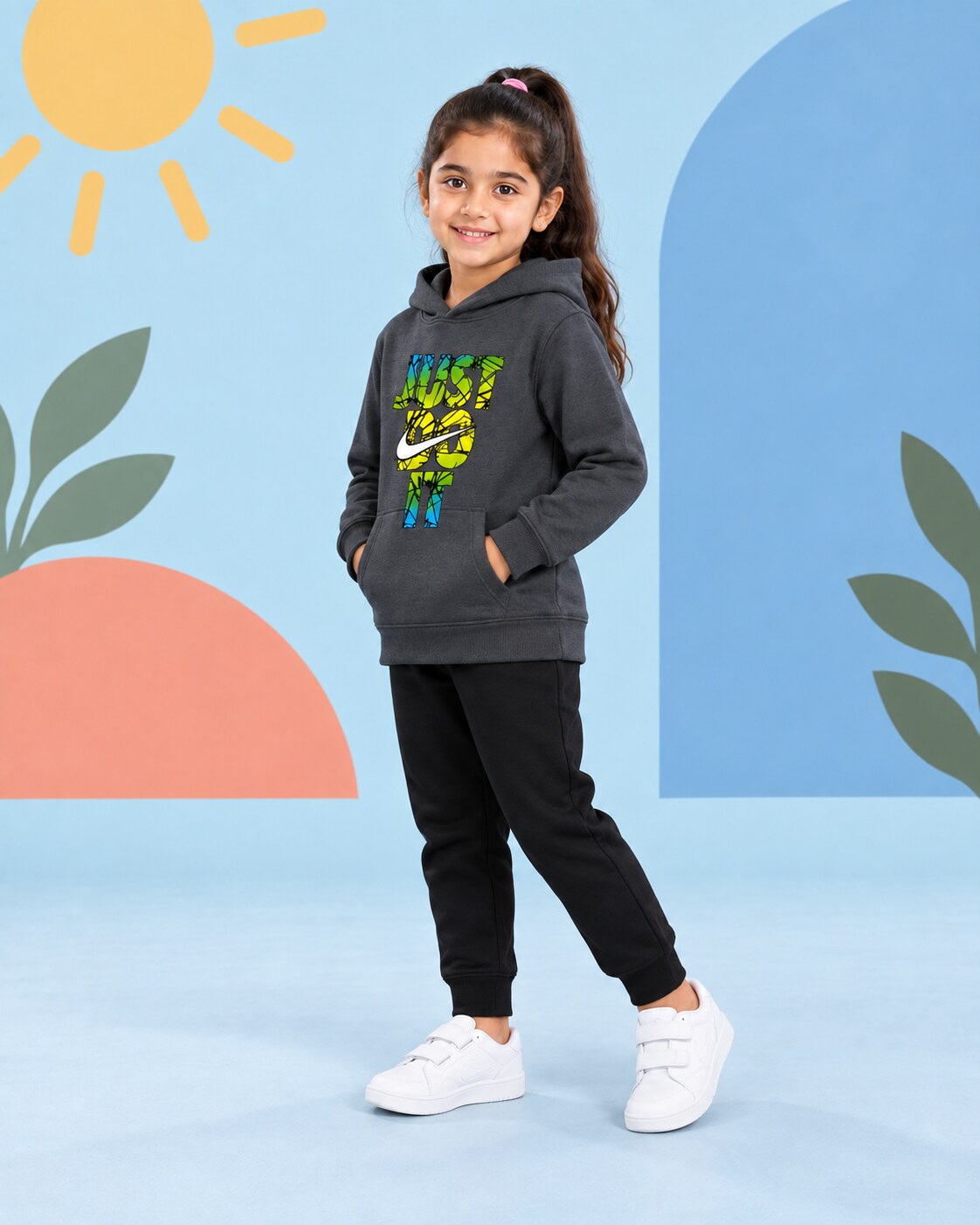 Kids Winter Hoodie Set | Love Joy Peace Printed - front standing