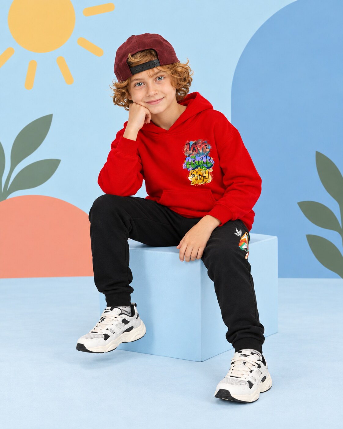 Kids Winter Hoodie Set | Love Joy Peace Printed - seated