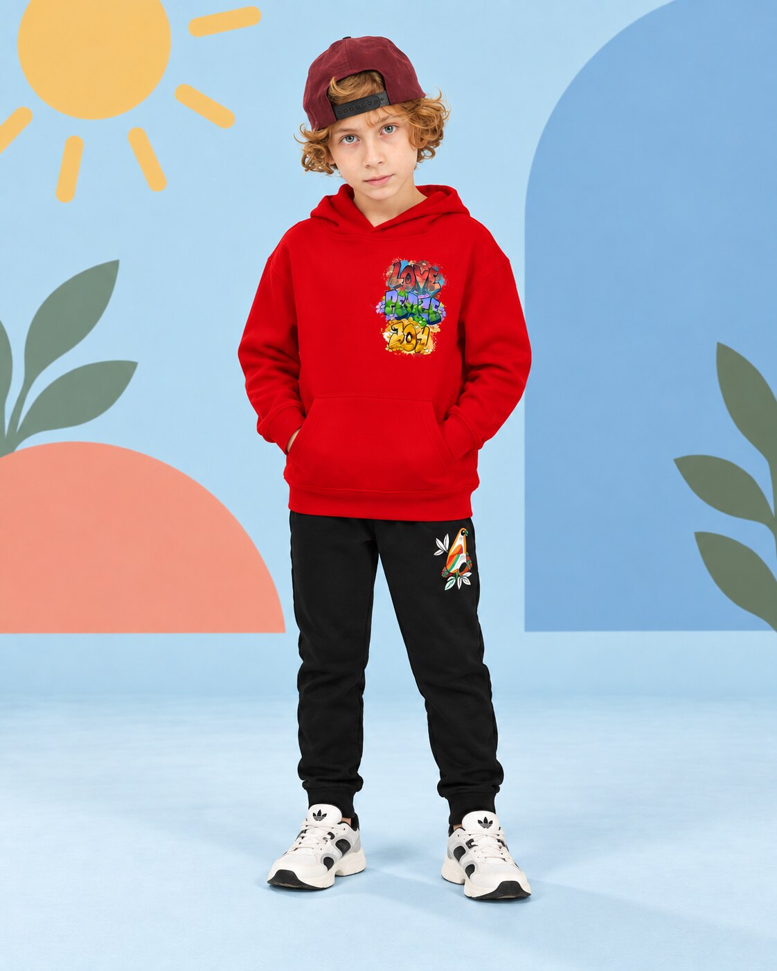 Kids Winter Hoodie Set | Love Joy Peace Printed - side angle