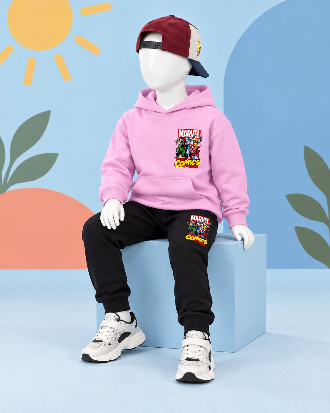 Kids Winter Hoodie Set | Marvel Comic Printed - seated