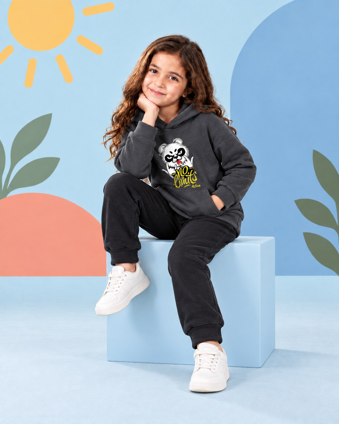 Kids Winter Hoodie Set | No Limit Bear Printed - front standing