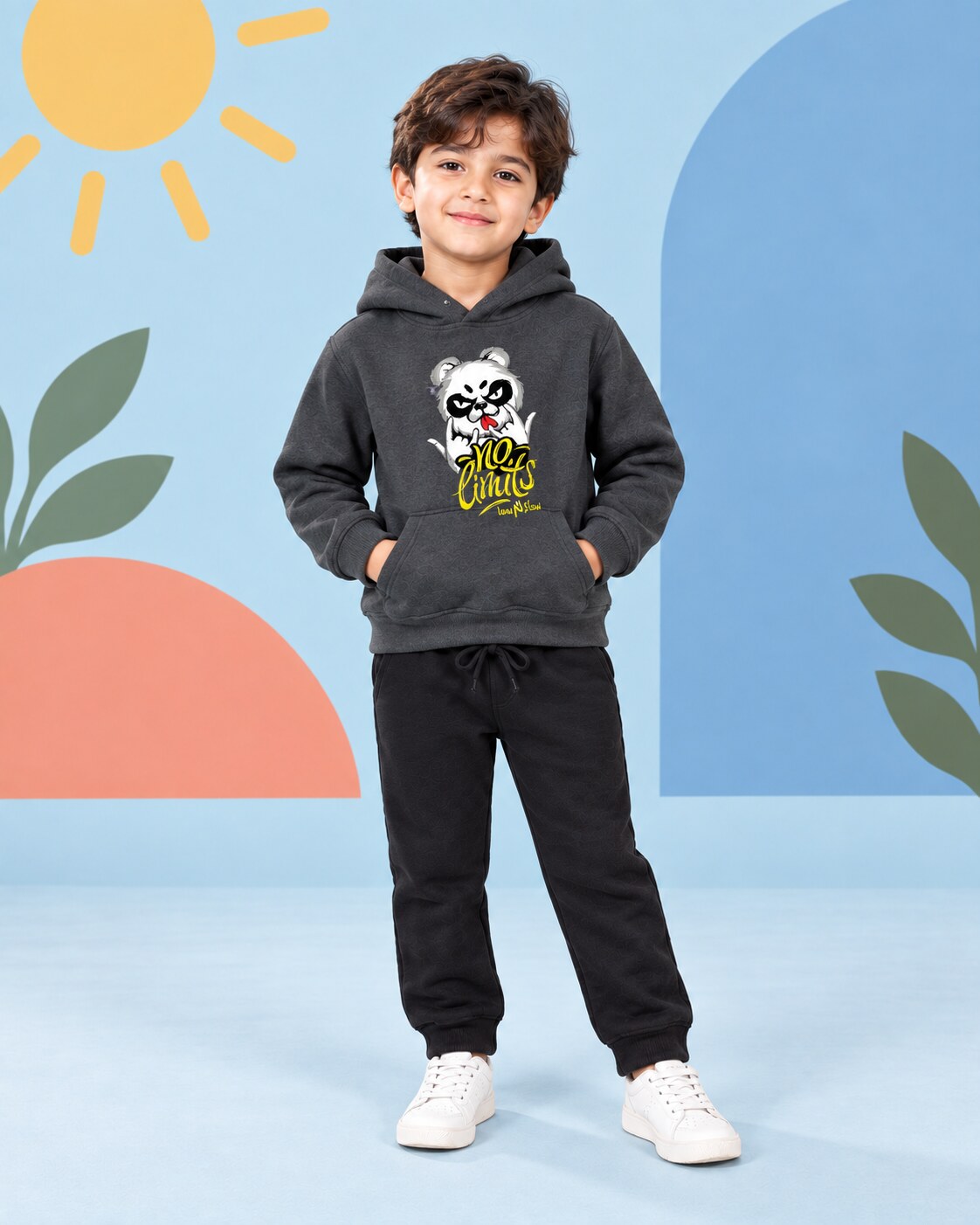 Kids Winter Hoodie Set | No Limit Bear Printed - seated