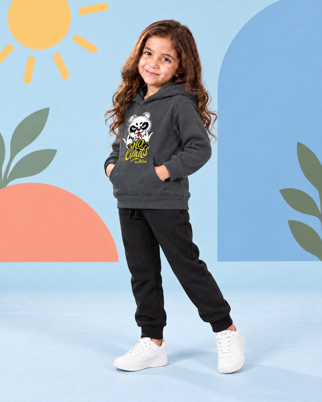 Kids Winter Hoodie Set | No Limit Bear Printed - side angle