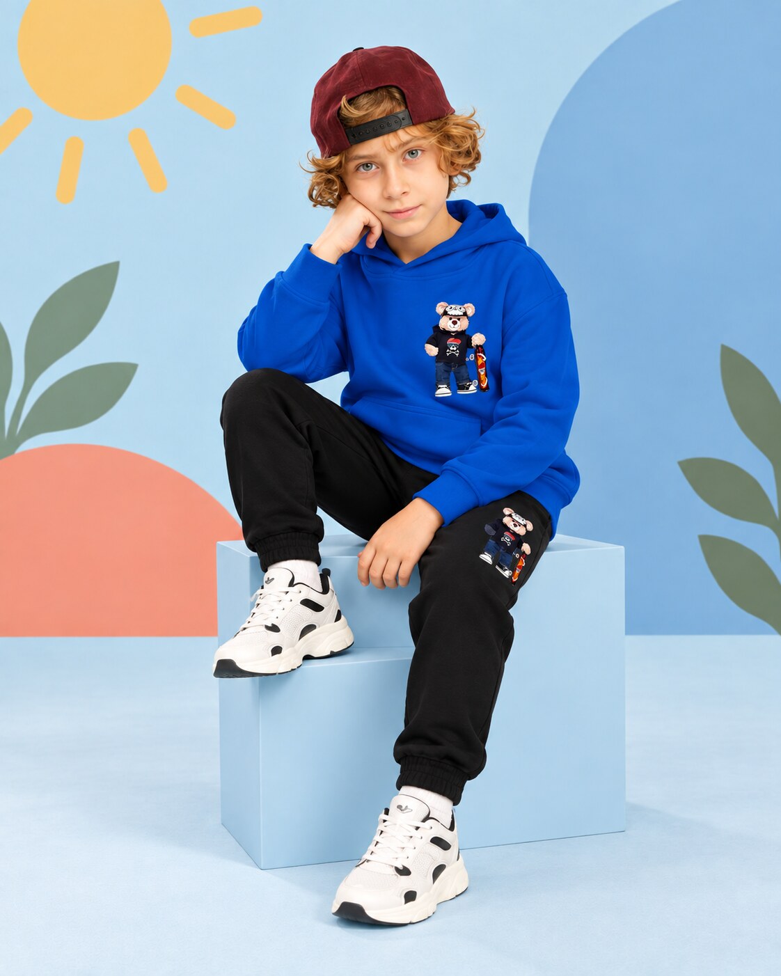 Kids Winter Hoodie Set | Parrot Printed - front standing