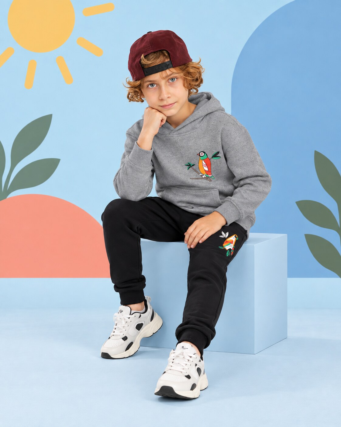 Kids Winter Hoodie Set | Parrot Printed - seated