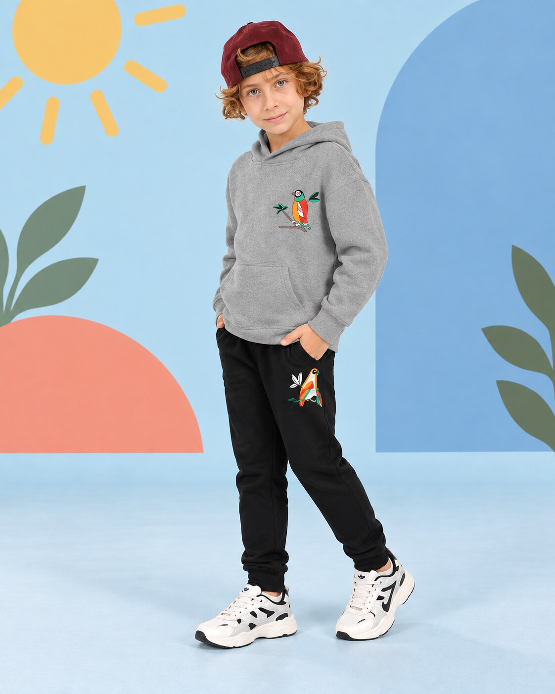 Kids Winter Hoodie Set | Parrot Printed - side angle