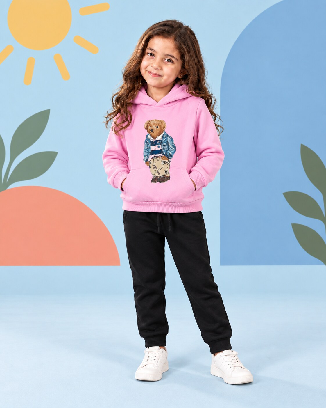 Kids Winter Hoodie Set | Polo Bear Printed - front standing