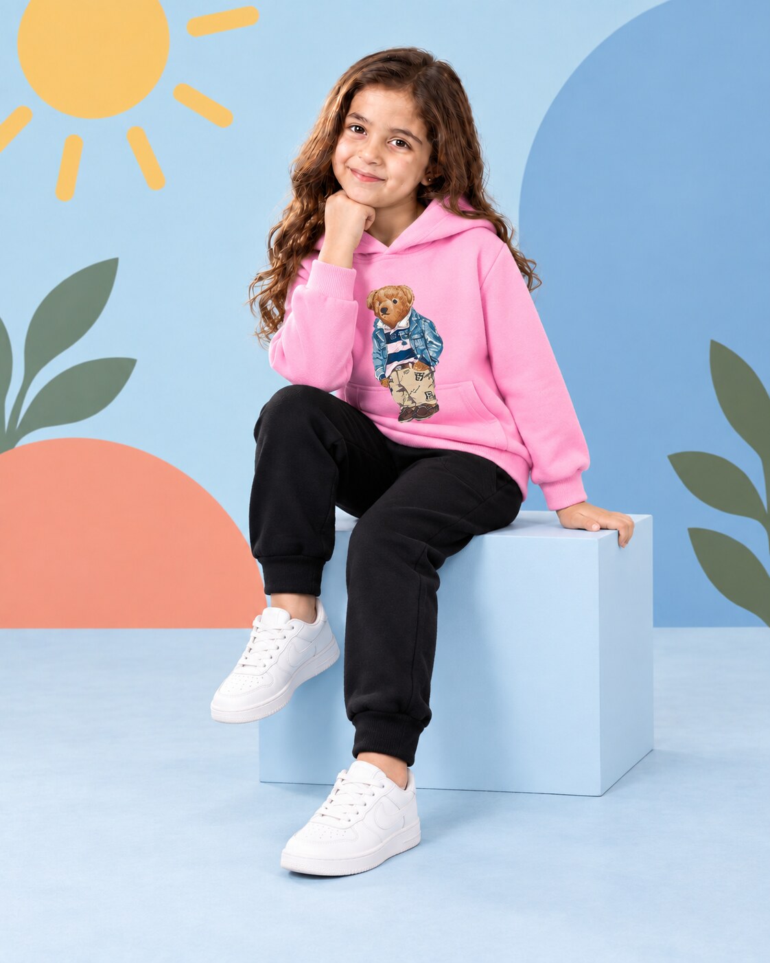 Kids Winter Hoodie Set | Polo Bear Printed - seated