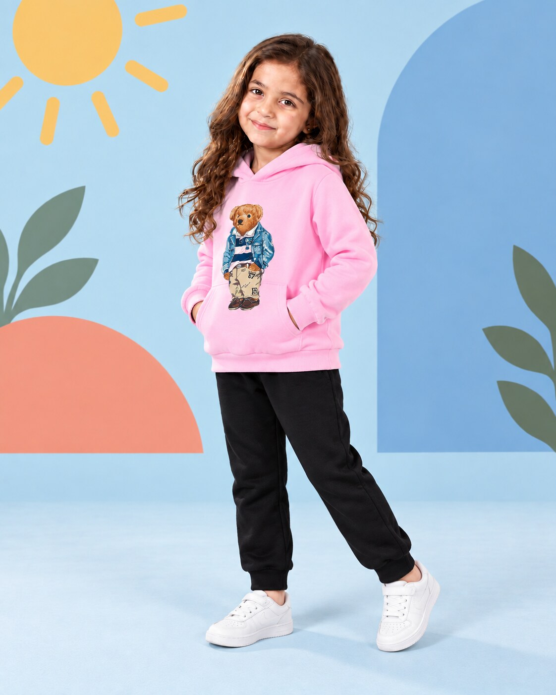 Kids Winter Hoodie Set | Polo Bear Printed - side angle