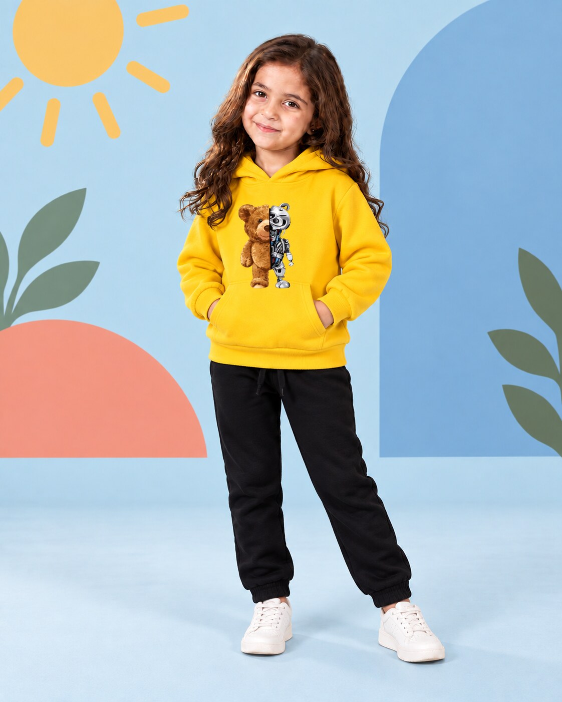 Kids Winter Hoodie Set | Robo Bear Printed - front standing