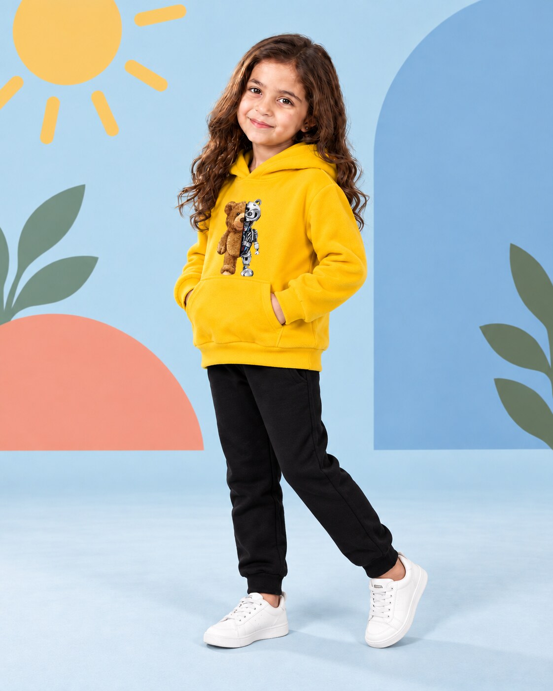 Kids Winter Hoodie Set | Robo Bear Printed - seated