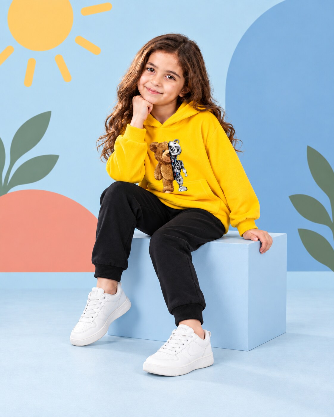 Kids Winter Hoodie Set | Robo Bear Printed - side angle