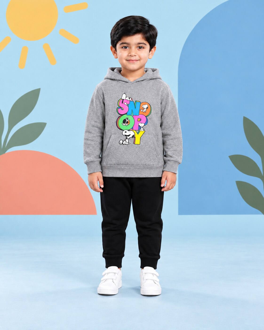 Kids Winter Hoodie Set | Snoopy Printed - front standing