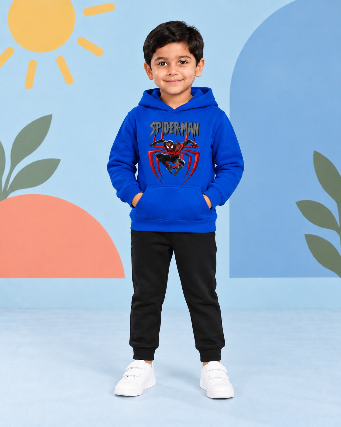 Kids Winter Hoodie Set | Spiderman Printed - front standing