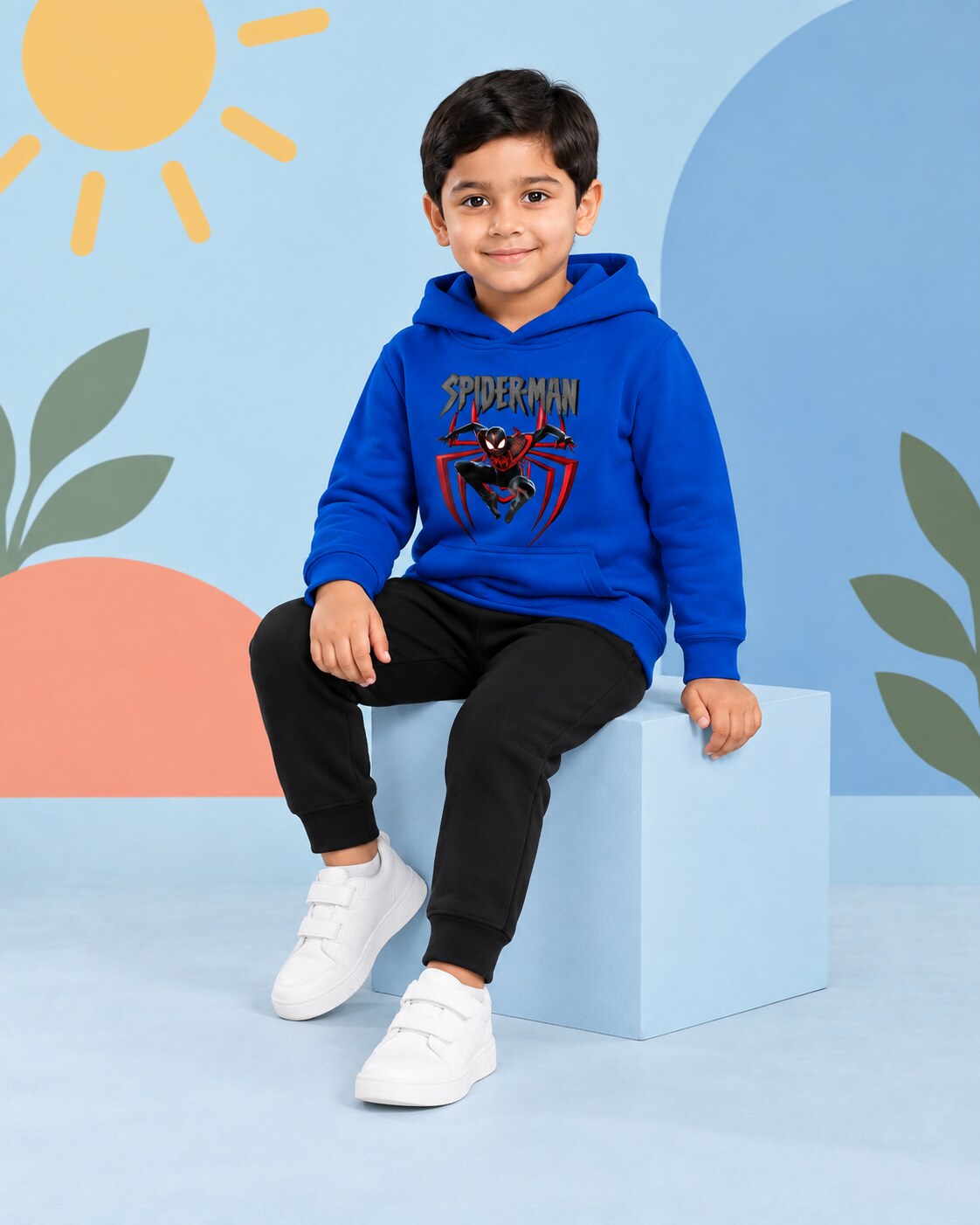 Kids Winter Hoodie Set | Spiderman Printed - seated