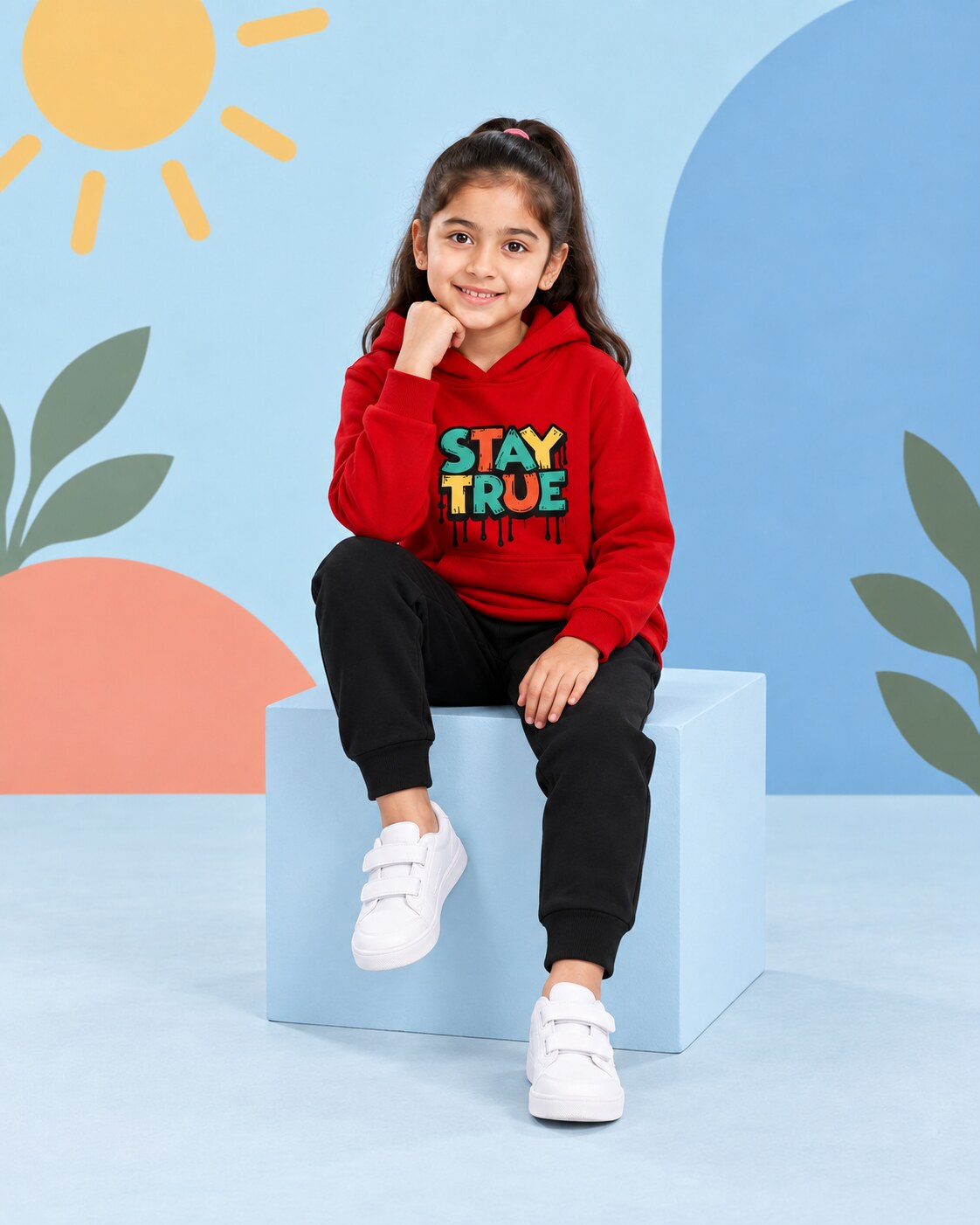 Kids Winter Hoodie Set | Stay True Printed - seated