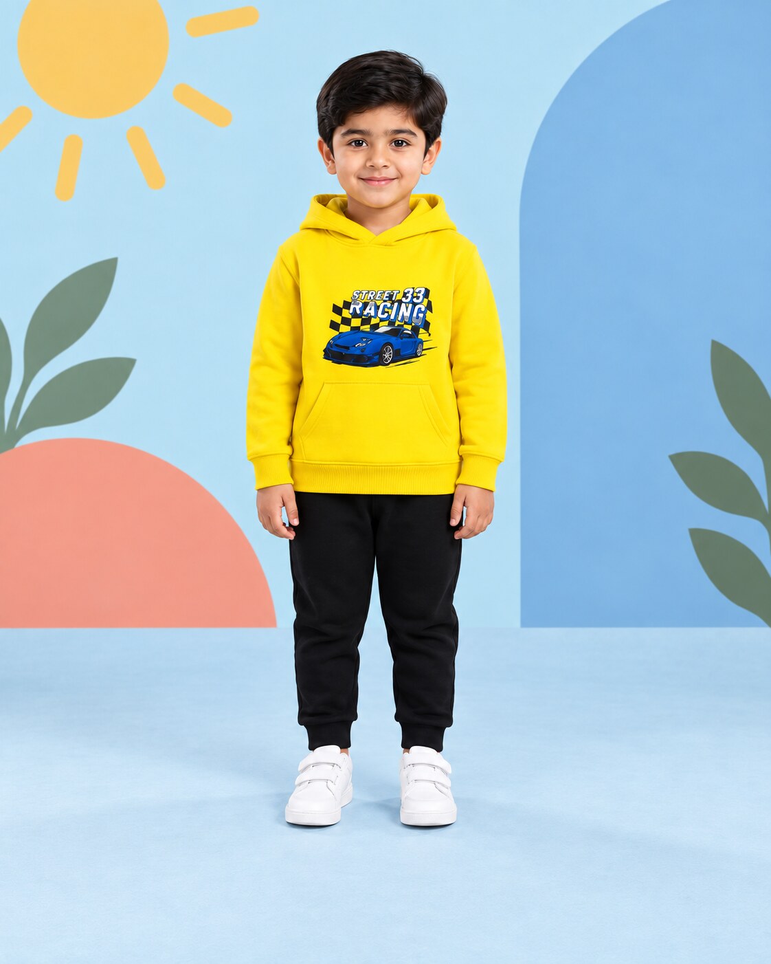 Kids Winter Hoodie Set | Street Racing Printed - front standing