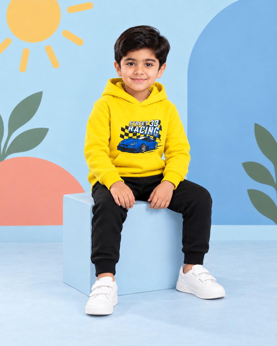 Kids Winter Hoodie Set | Street Racing Printed - seated