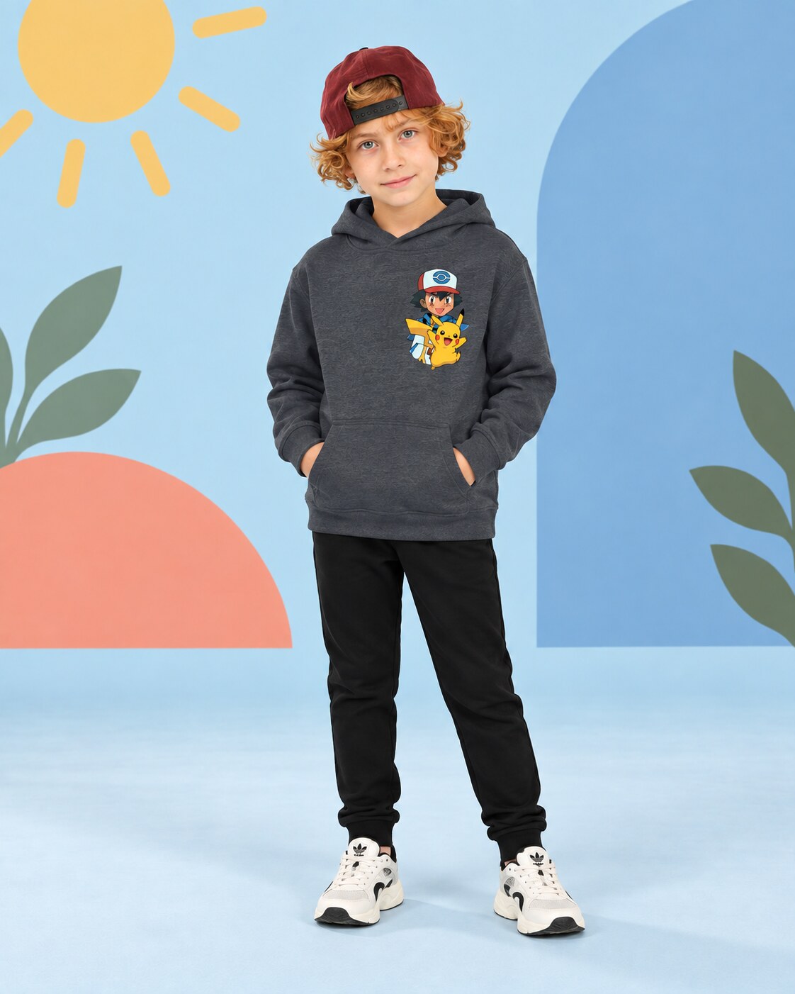 Kids Winter Hoodie Set | Super Mario Printed - front standing