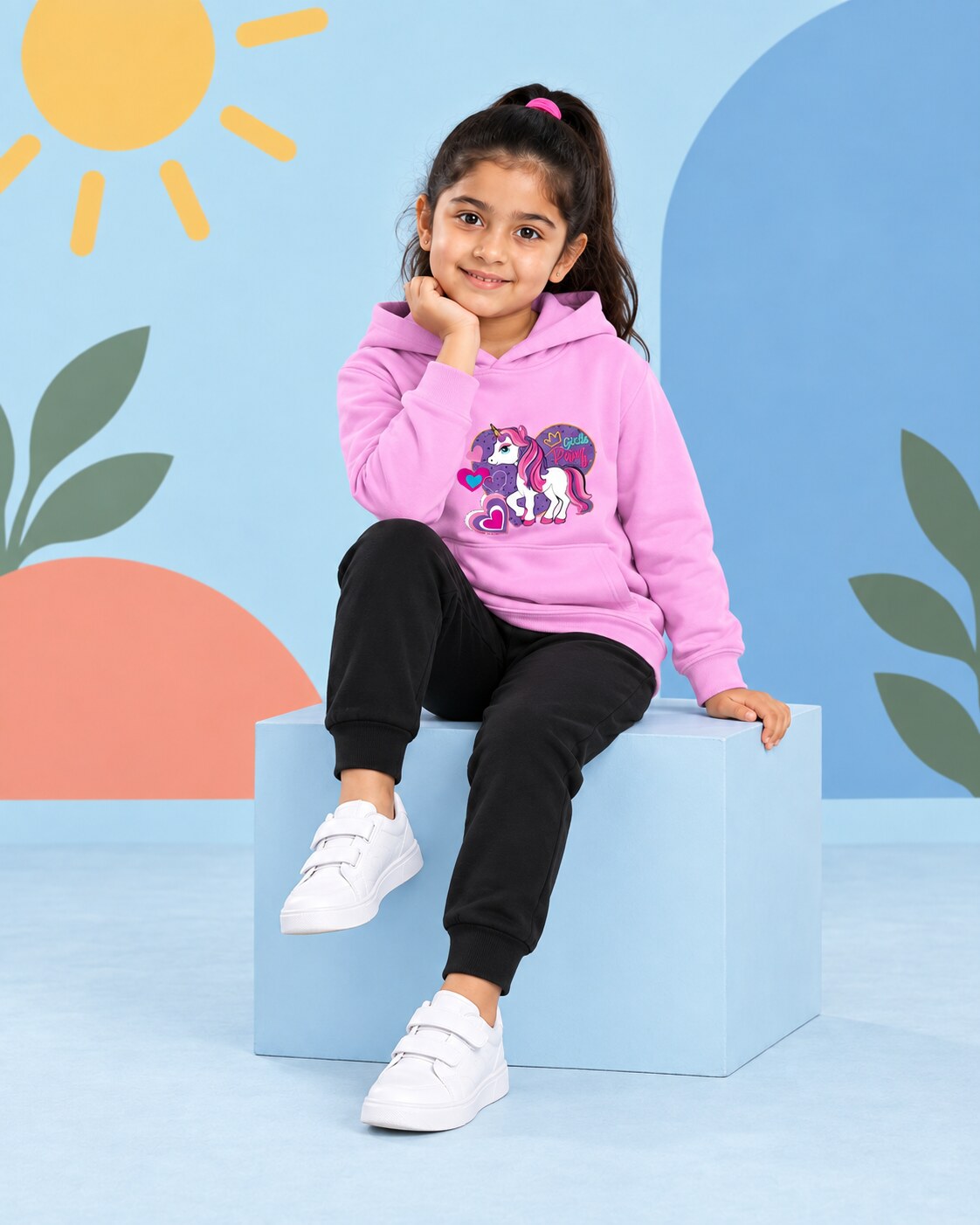 Kids Winter Hoodie Set | Unicorn Printed - seated