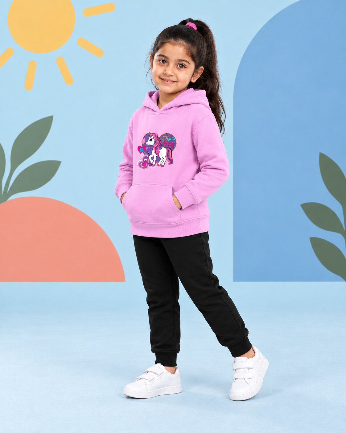 Kids Winter Hoodie Set | Unicorn Printed - side angle