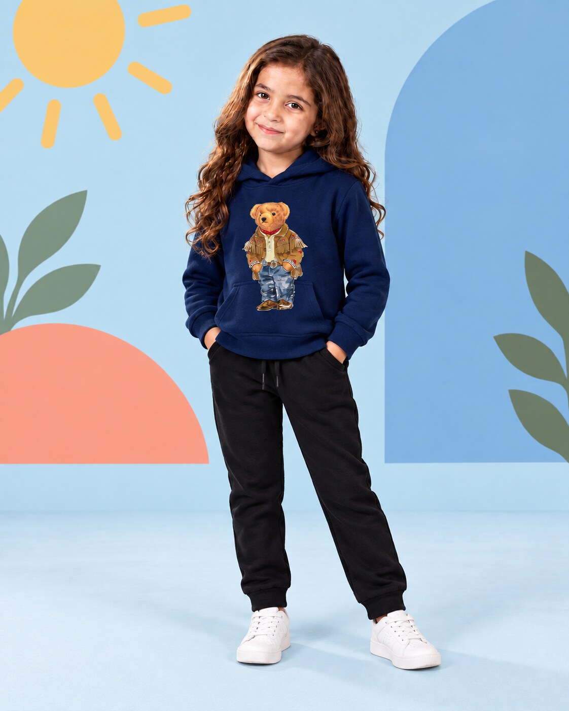 Kids Winter Hoodie Set | Versace Bear Printed - front standing