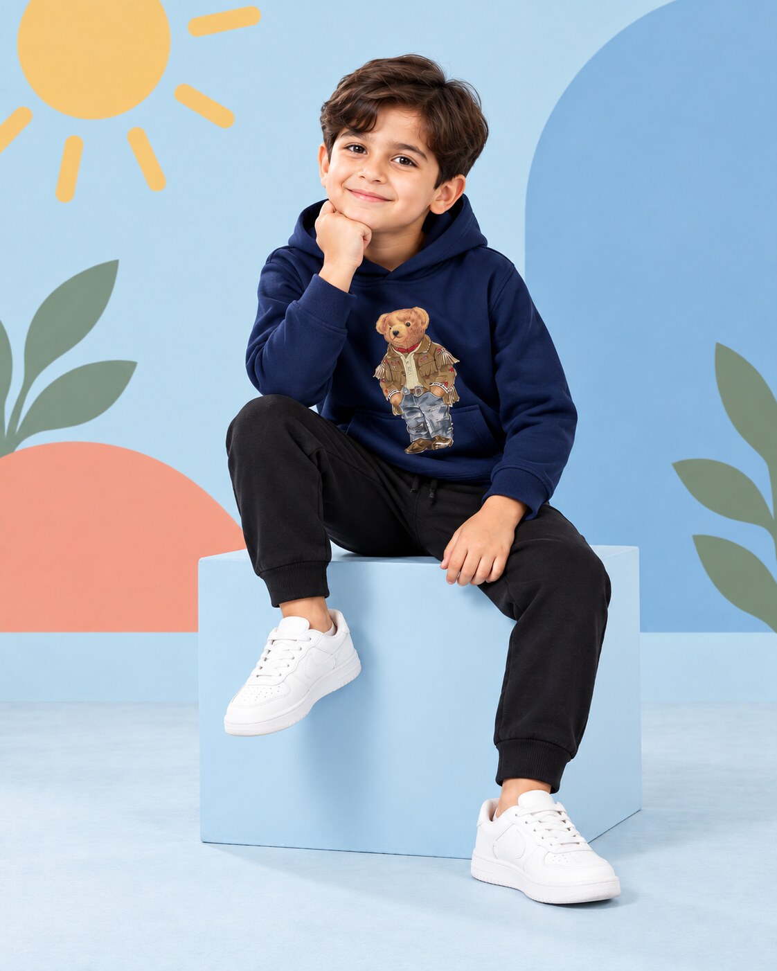 Kids Winter Hoodie Set | Versace Bear Printed - seated