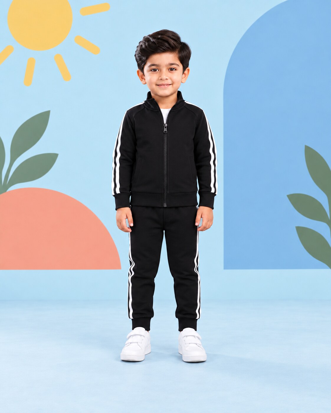 Kids Winter Stripe Tracksuit 3pcs - Black - front standing