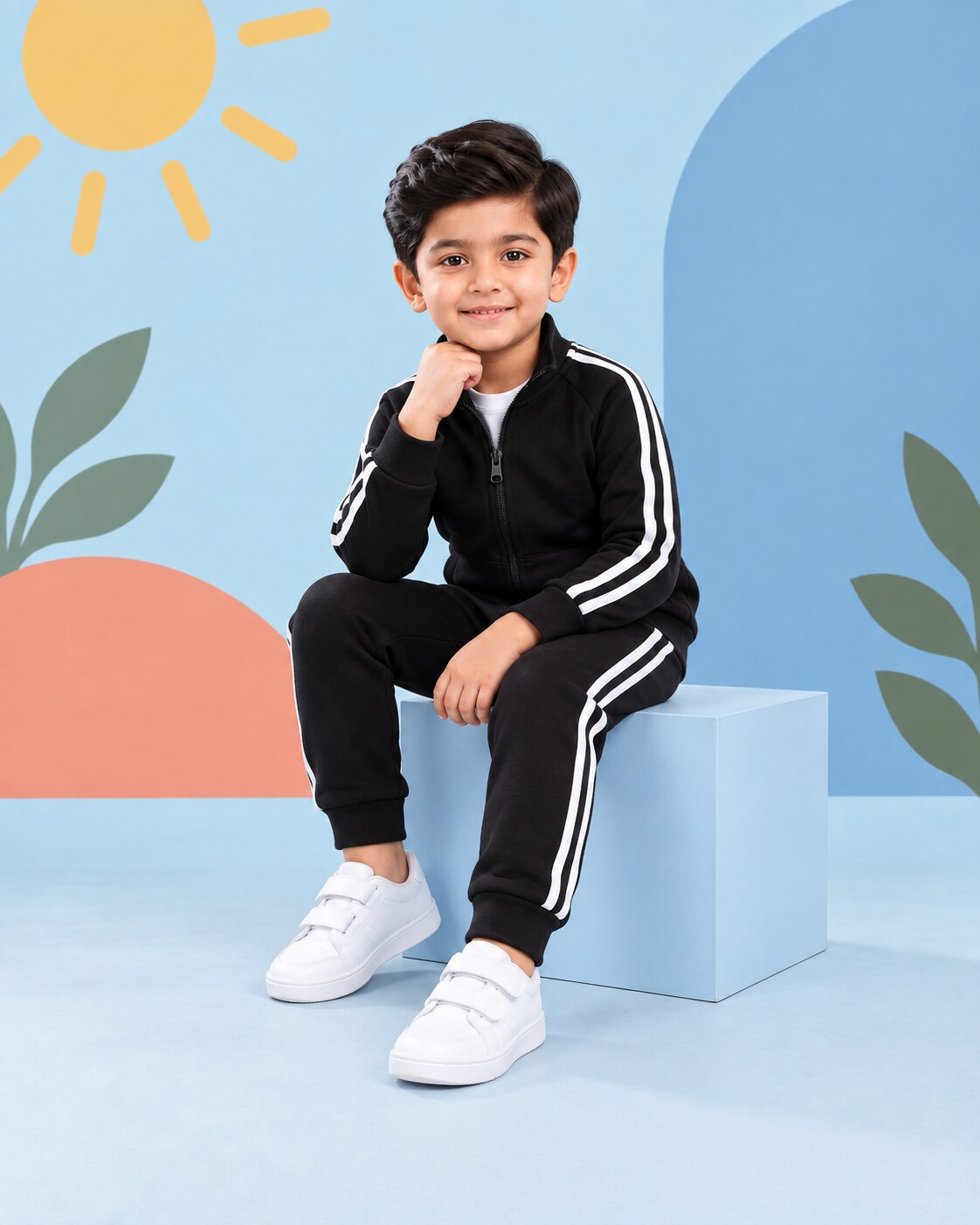 Kids Winter Stripe Tracksuit 3pcs - Black - seated